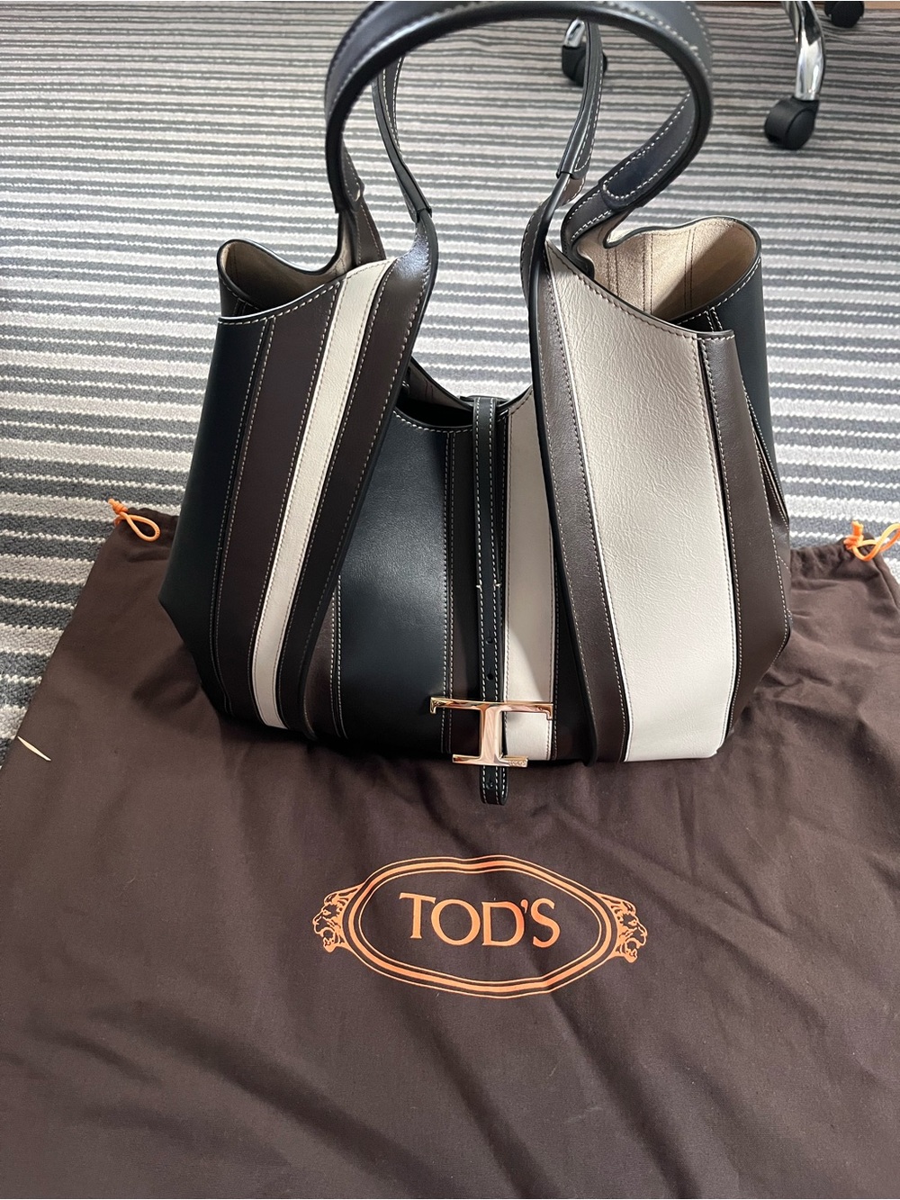 TOD'S Black, Cream and Brown Leather Striped timeless shopping bag Tote